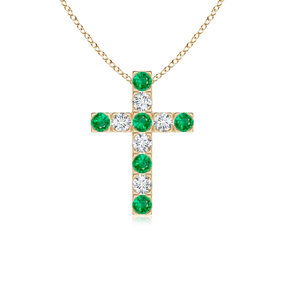 2.5mm AAA Flat Prong-Set Emerald and Diamond Cross Pendant in Yellow Gold 