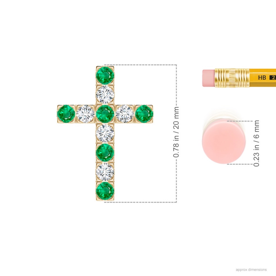 2.5mm AAA Flat Prong-Set Emerald and Diamond Cross Pendant in Yellow Gold ruler