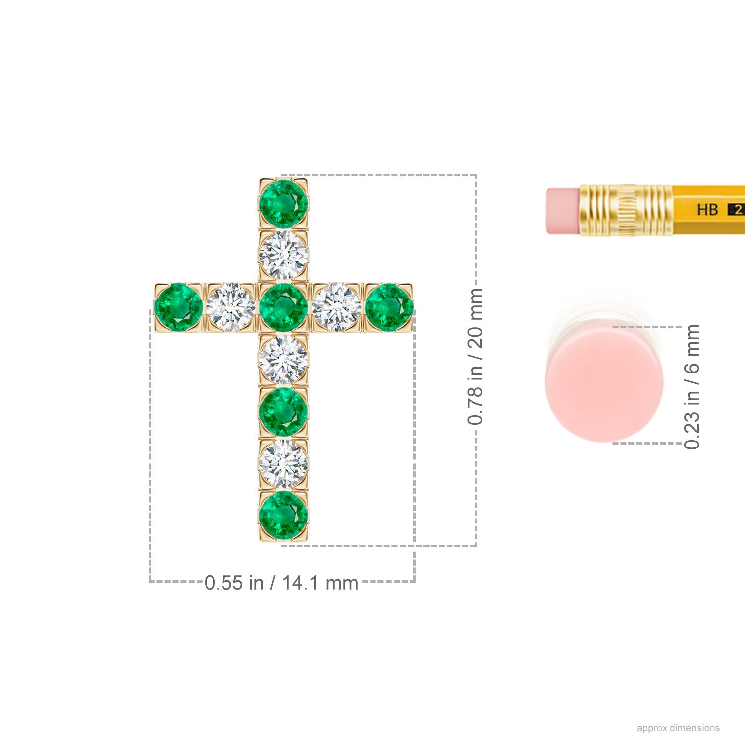 2.5mm AAA Flat Prong-Set Emerald and Diamond Cross Pendant in Yellow Gold - ruler