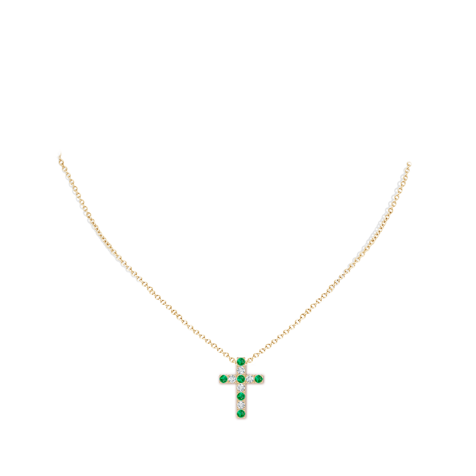 2.5mm AAA Flat Prong-Set Emerald and Diamond Cross Pendant in Yellow Gold body-neck