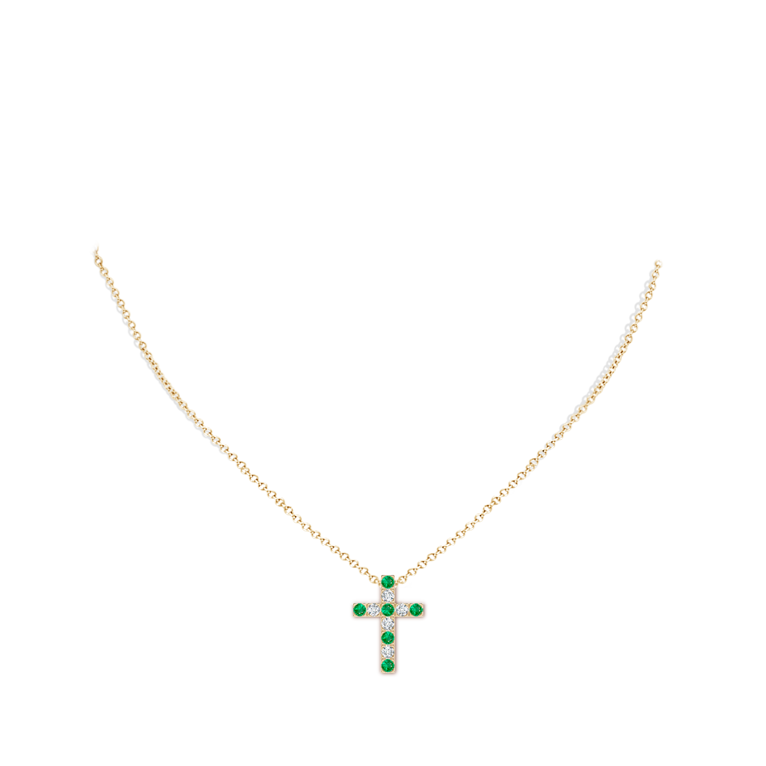 2.5mm AAA Flat Prong-Set Emerald and Diamond Cross Pendant in Yellow Gold - body_neck