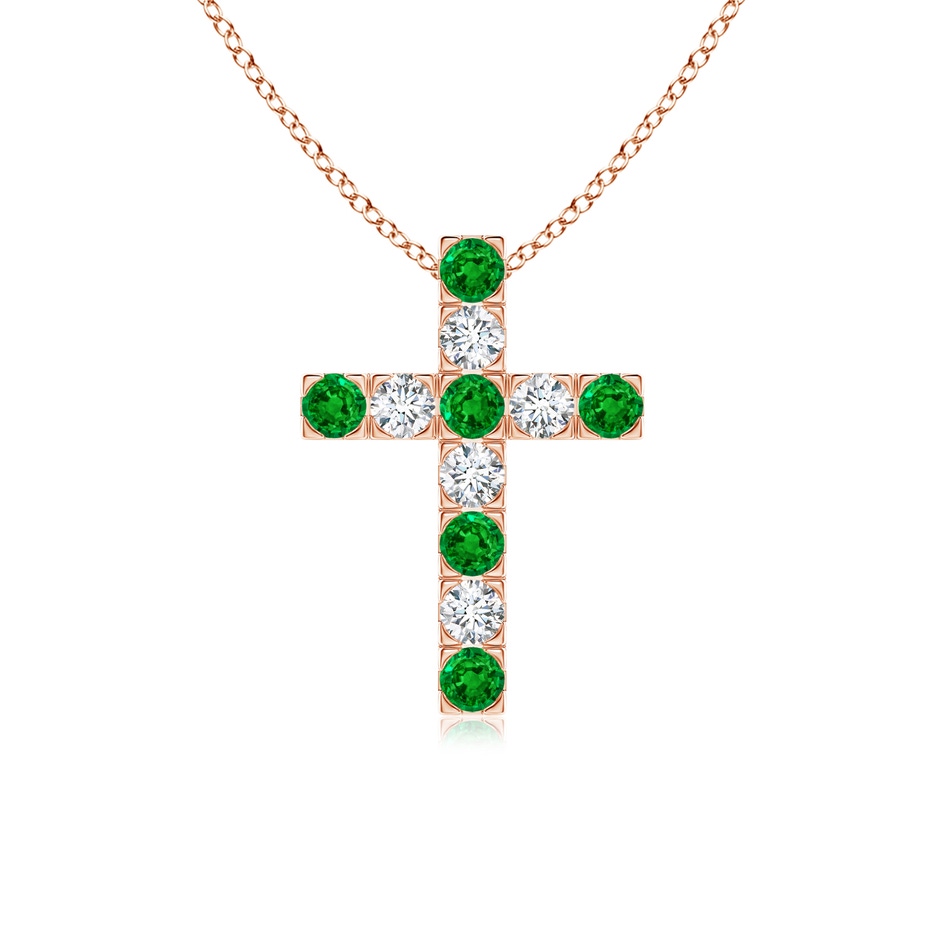2.5mm AAAA Flat Prong-Set Emerald and Diamond Cross Pendant in Rose Gold 