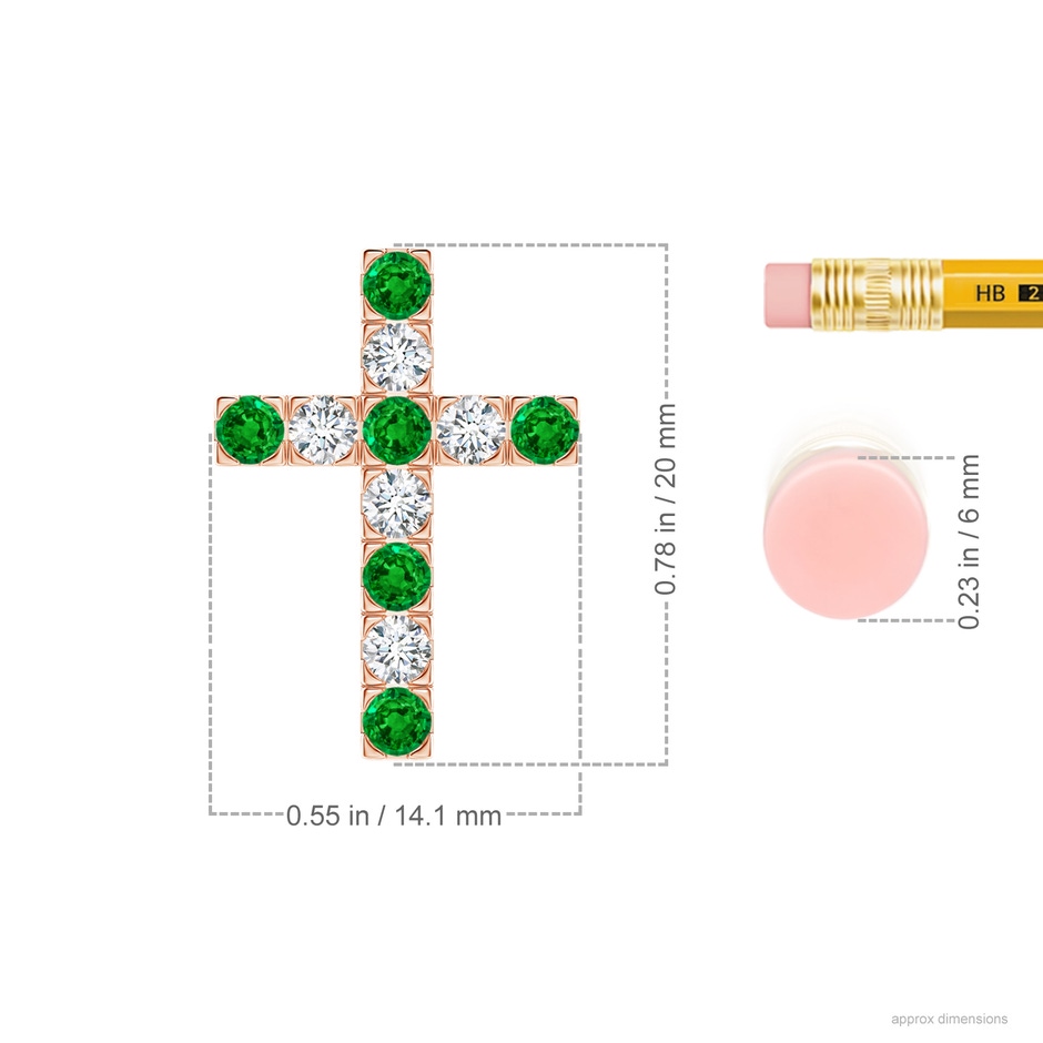 2.5mm AAAA Flat Prong-Set Emerald and Diamond Cross Pendant in Rose Gold ruler