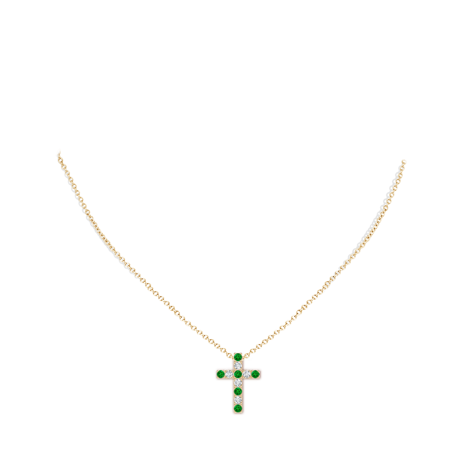 2.5mm AAAA Flat Prong-Set Emerald and Diamond Cross Pendant in Yellow Gold pen