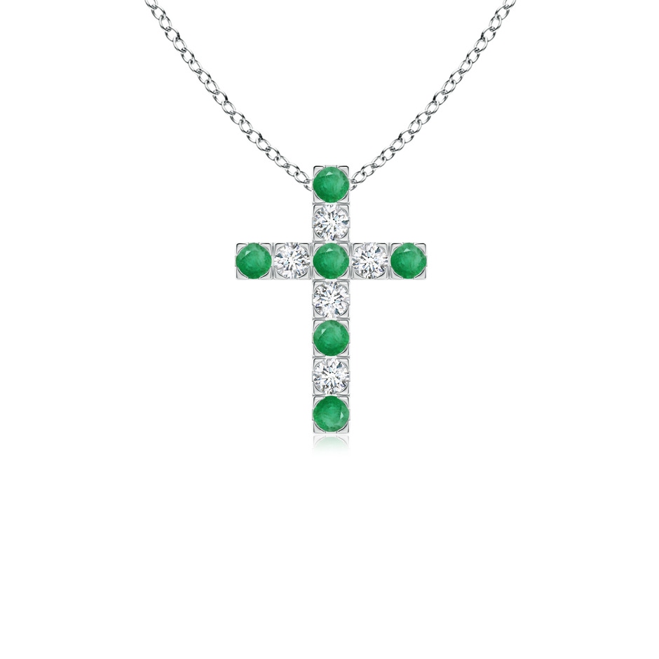 2mm A Flat Prong-Set Emerald and Diamond Cross Pendant in White Gold 