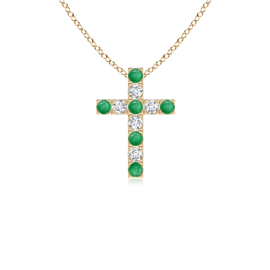 2mm A Flat Prong-Set Emerald and Diamond Cross Pendant in Yellow Gold 