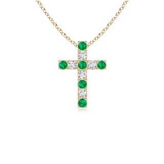 2mm AAA Flat Prong-Set Emerald and Diamond Cross Pendant in Yellow Gold