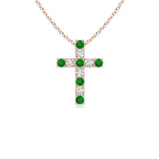 2mm AAAA Flat Prong-Set Emerald and Diamond Cross Pendant in 9K Rose Gold