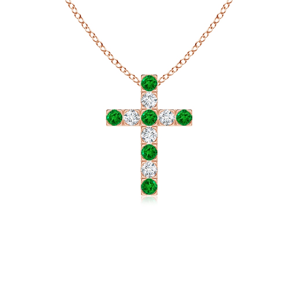 2mm AAAA Flat Prong-Set Emerald and Diamond Cross Pendant in Rose Gold