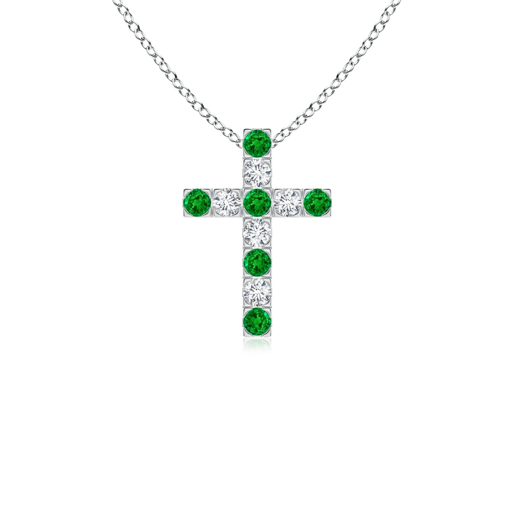 2mm AAAA Flat Prong-Set Emerald and Diamond Cross Pendant in White Gold