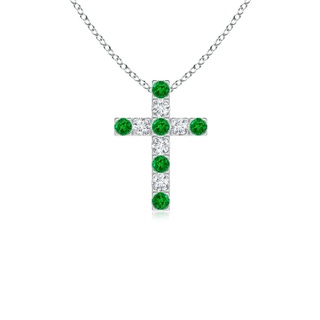2mm AAAA Flat Prong-Set Emerald and Diamond Cross Pendant in White Gold