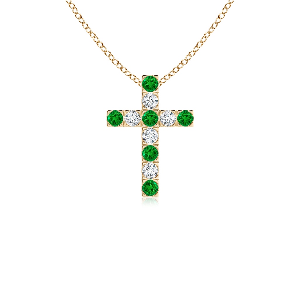 2mm AAAA Flat Prong-Set Emerald and Diamond Cross Pendant in Yellow Gold