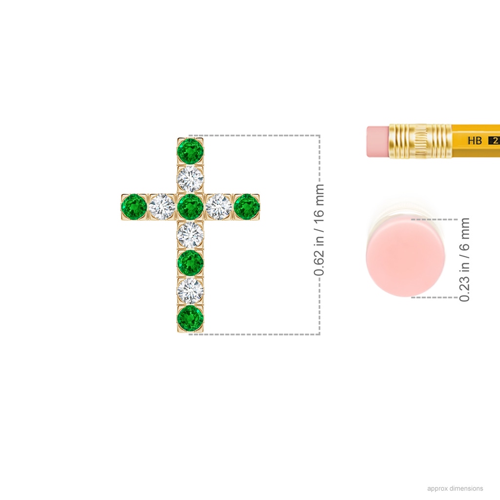 2mm AAAA Flat Prong-Set Emerald and Diamond Cross Pendant in Yellow Gold Ruler