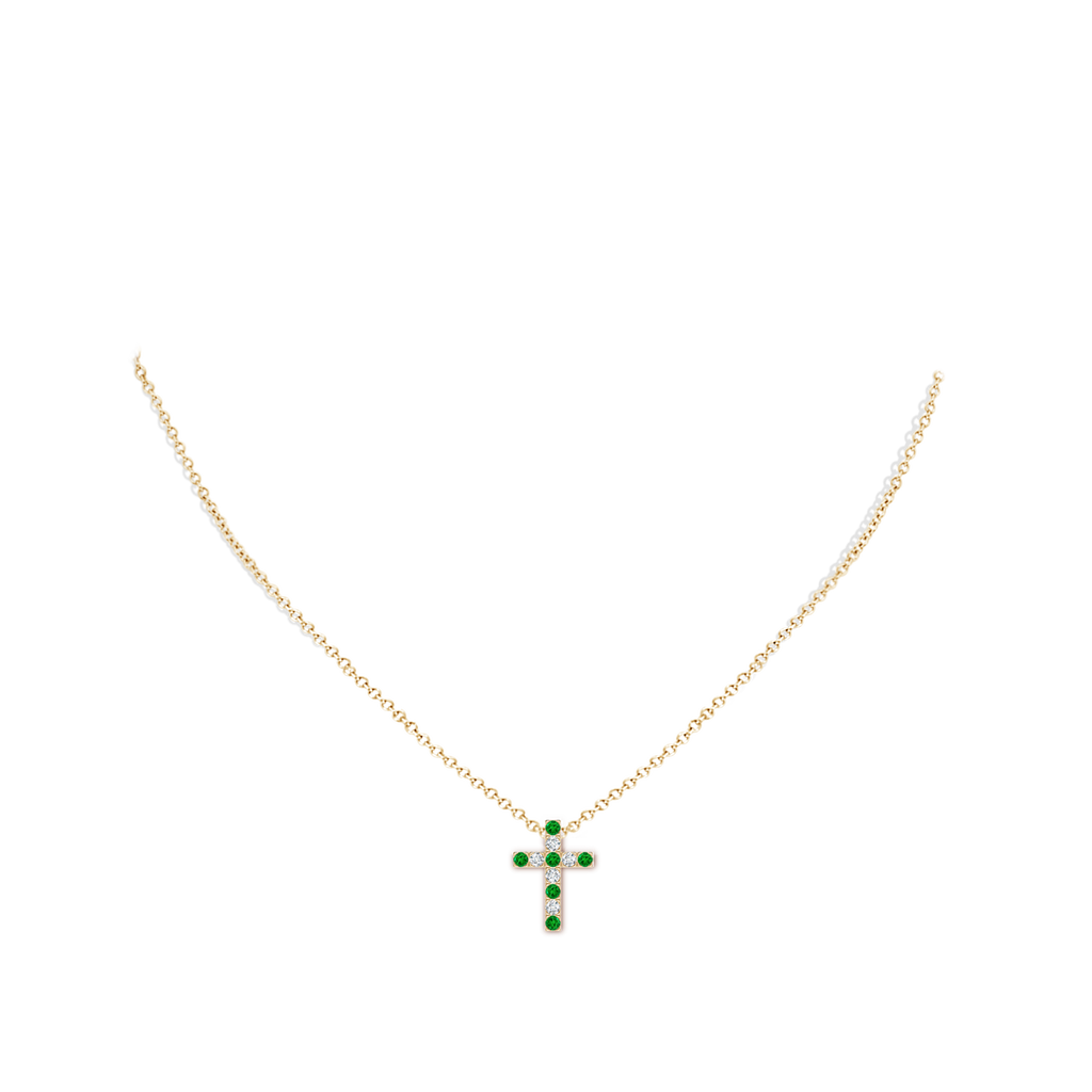 2mm AAAA Flat Prong-Set Emerald and Diamond Cross Pendant in Yellow Gold Body-Neck