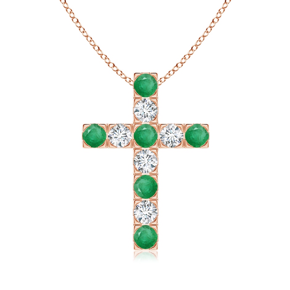 3mm A Flat Prong-Set Emerald and Diamond Cross Pendant in Rose Gold 