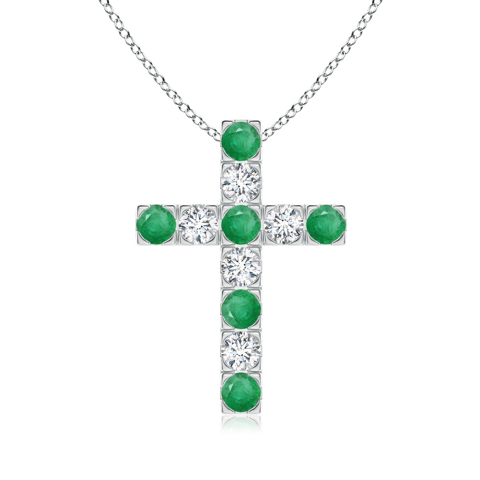 3mm A Flat Prong-Set Emerald and Diamond Cross Pendant in White Gold 