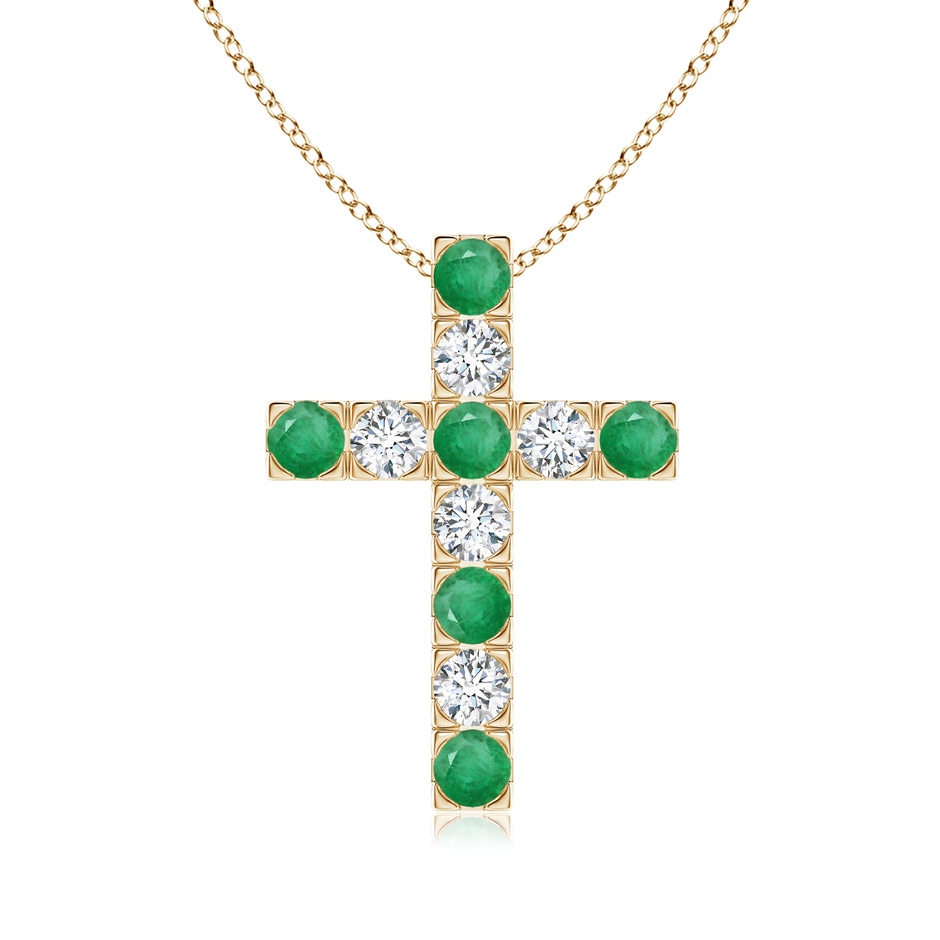 3mm A Flat Prong-Set Emerald and Diamond Cross Pendant in Yellow Gold 