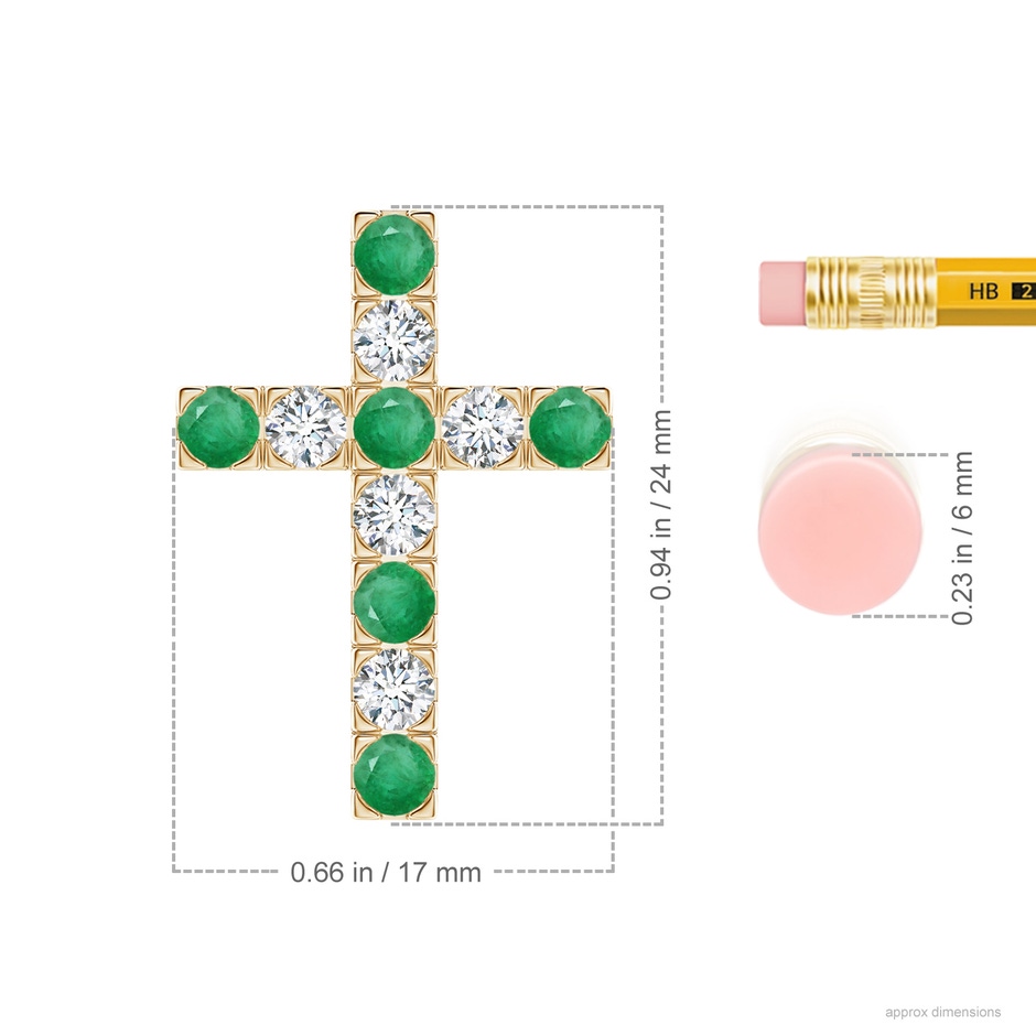 3mm A Flat Prong-Set Emerald and Diamond Cross Pendant in Yellow Gold ruler