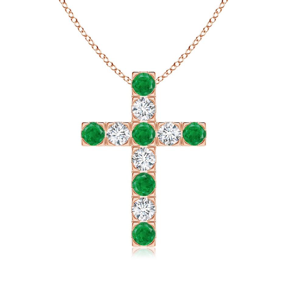 3mm AA Flat Prong-Set Emerald and Diamond Cross Pendant in Rose Gold 