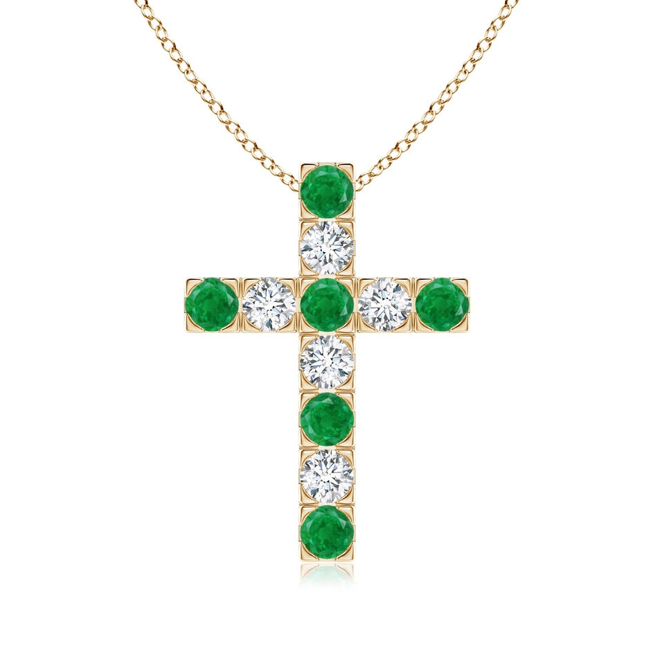 3mm AA Flat Prong-Set Emerald and Diamond Cross Pendant in Yellow Gold 