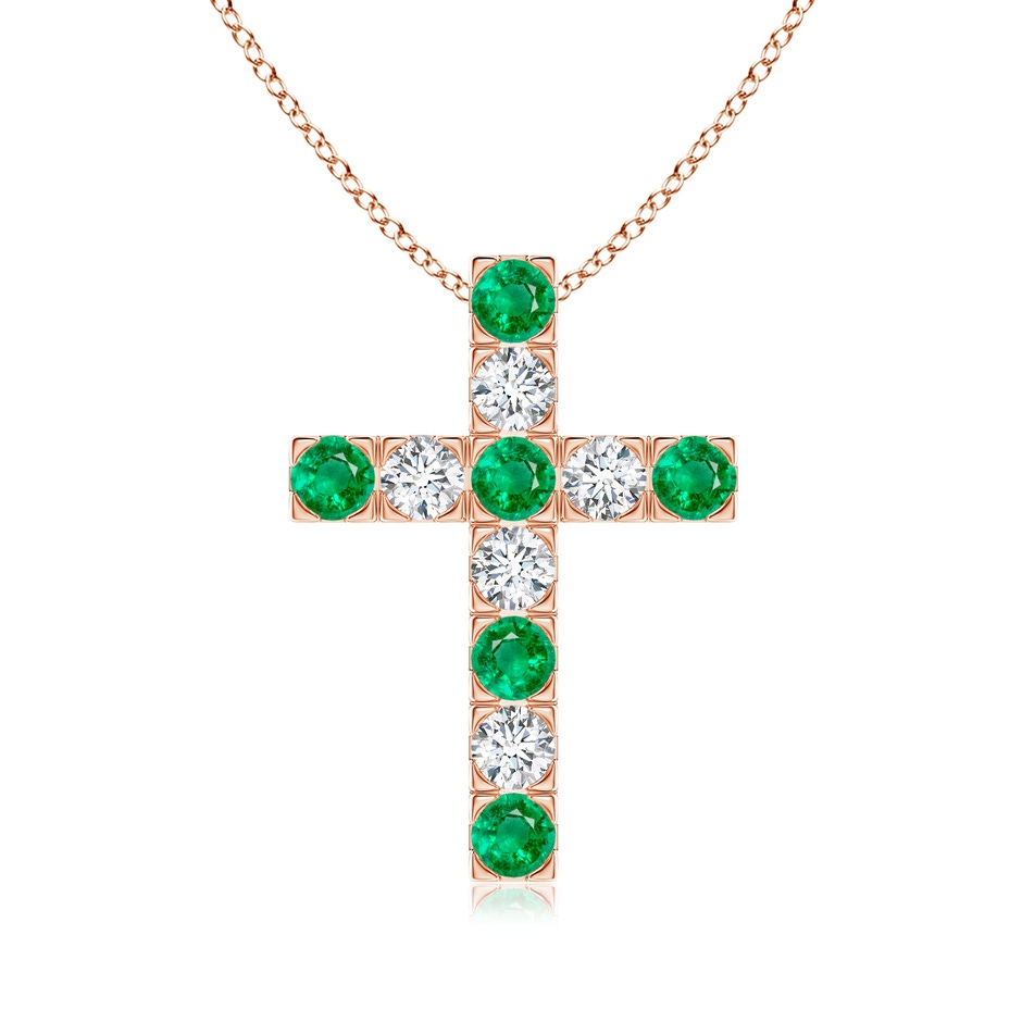 3mm AAA Flat Prong-Set Emerald and Diamond Cross Pendant in Rose Gold 