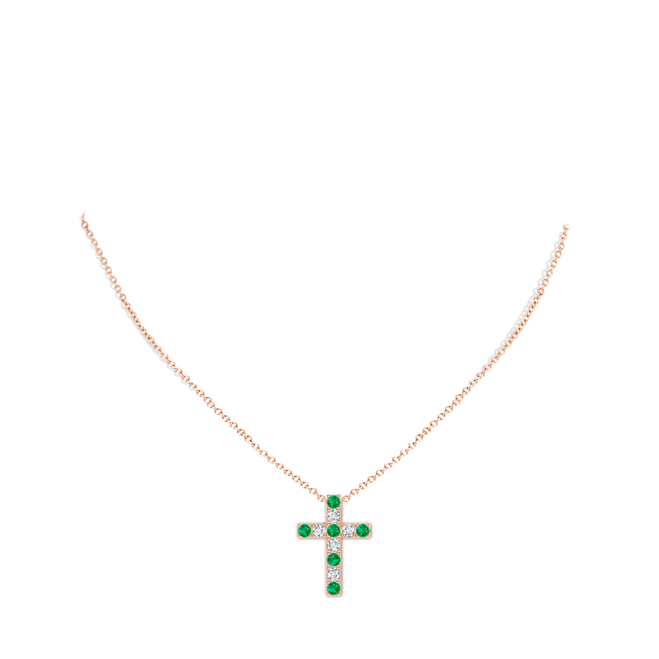 3mm AAA Flat Prong-Set Emerald and Diamond Cross Pendant in Rose Gold pen