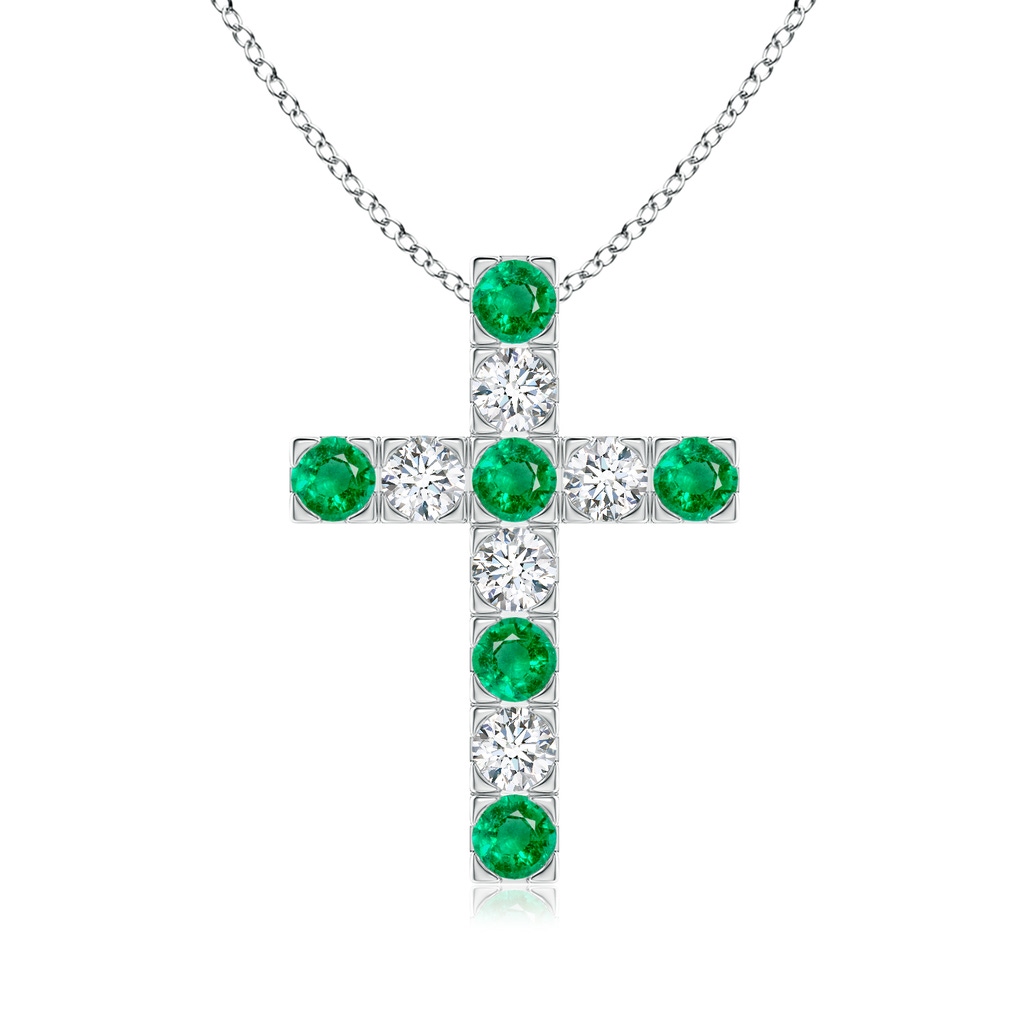 3mm AAA Flat Prong-Set Emerald and Diamond Cross Pendant in White Gold