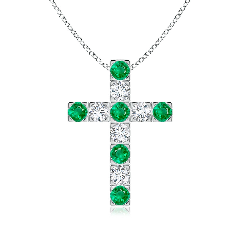 3mm AAA Flat Prong-Set Emerald and Diamond Cross Pendant in White Gold 