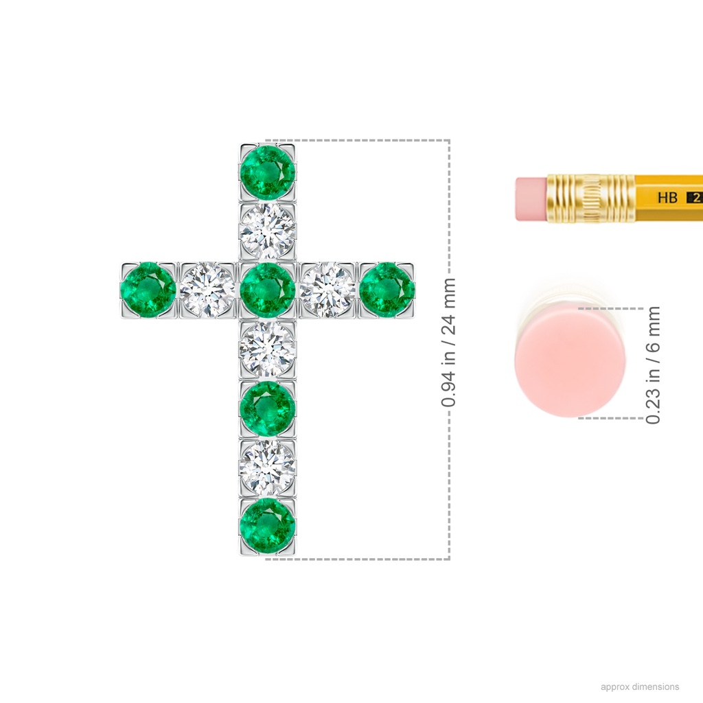 3mm AAA Flat Prong-Set Emerald and Diamond Cross Pendant in White Gold Ruler