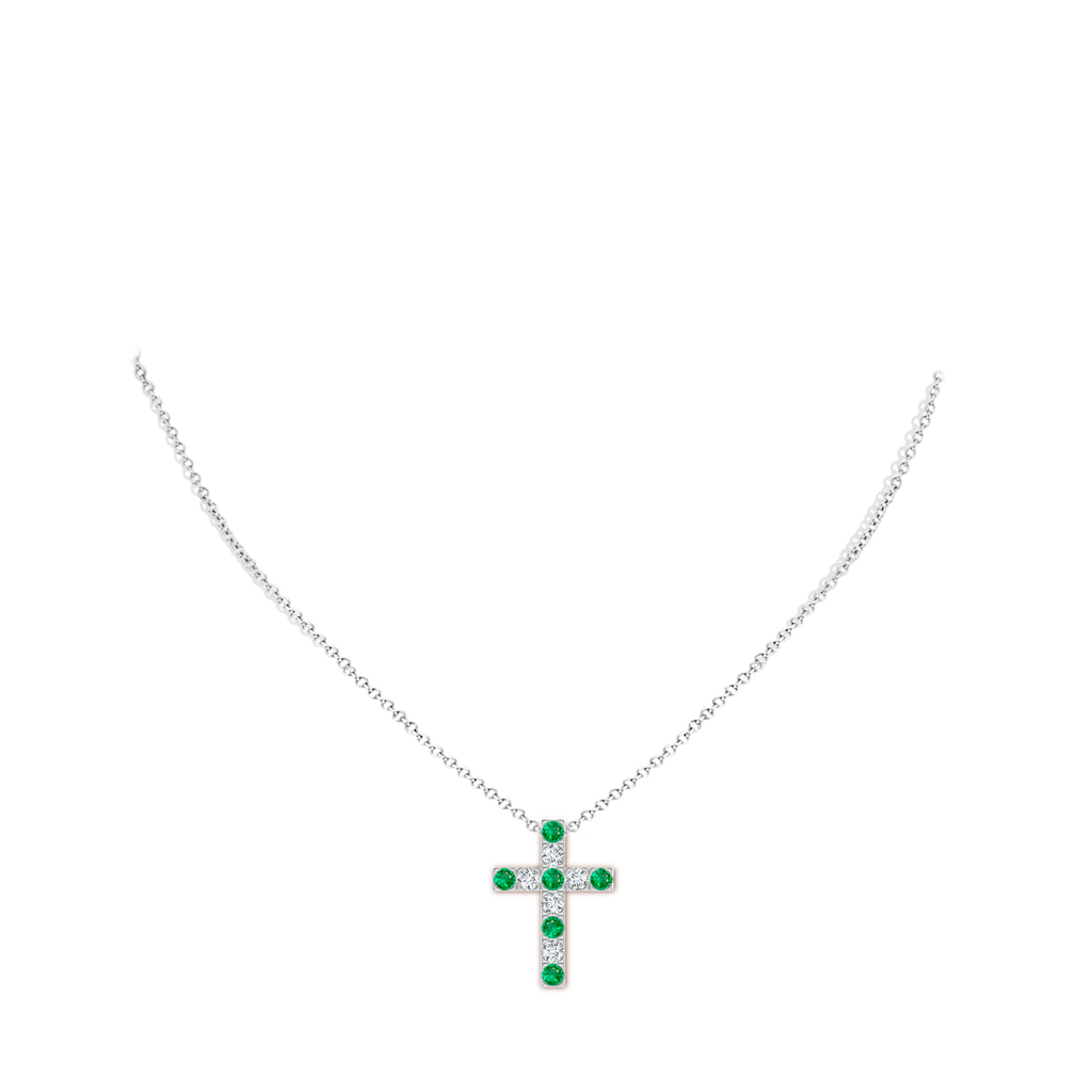 3mm AAA Flat Prong-Set Emerald and Diamond Cross Pendant in White Gold Body-Neck