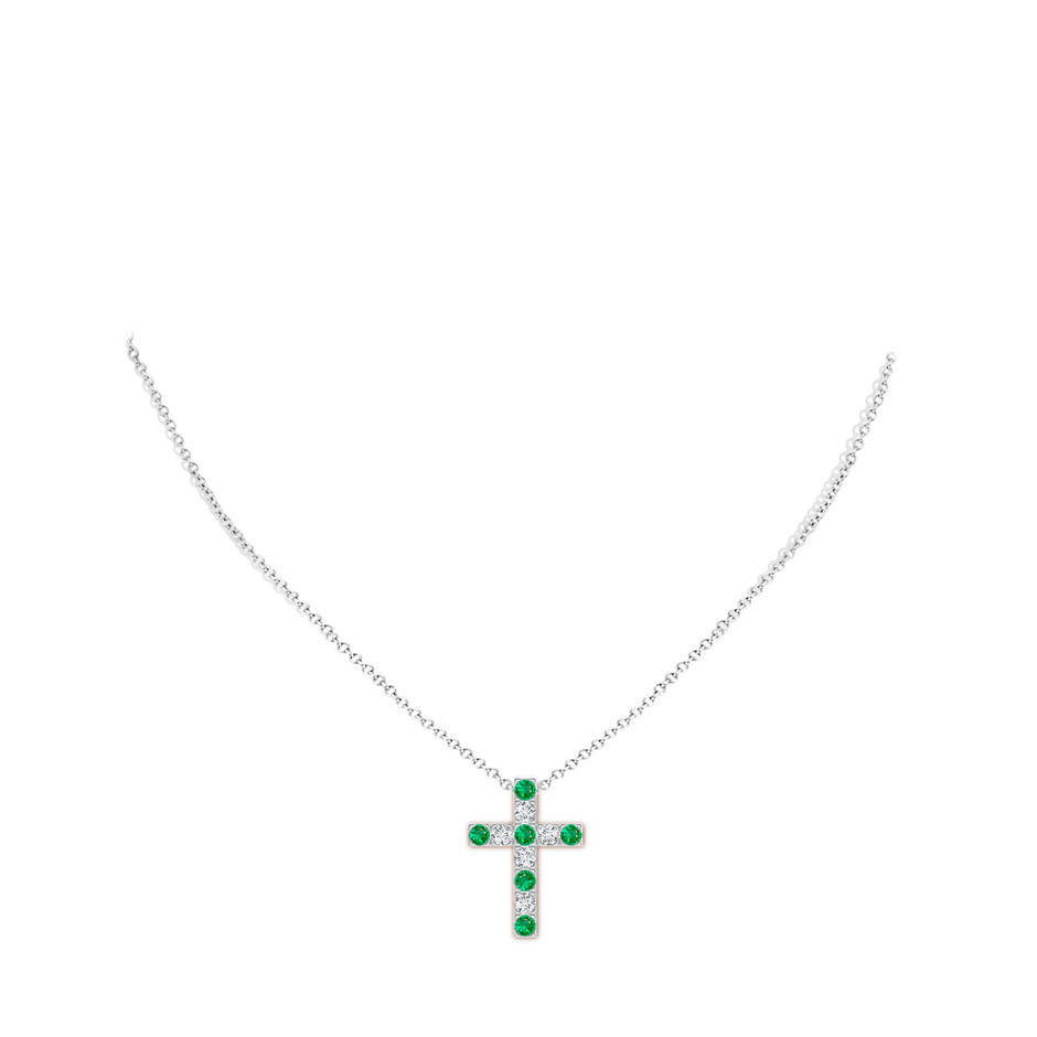 3mm AAA Flat Prong-Set Emerald and Diamond Cross Pendant in White Gold body-neck