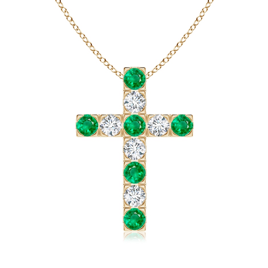 3mm AAA Flat Prong-Set Emerald and Diamond Cross Pendant in Yellow Gold 