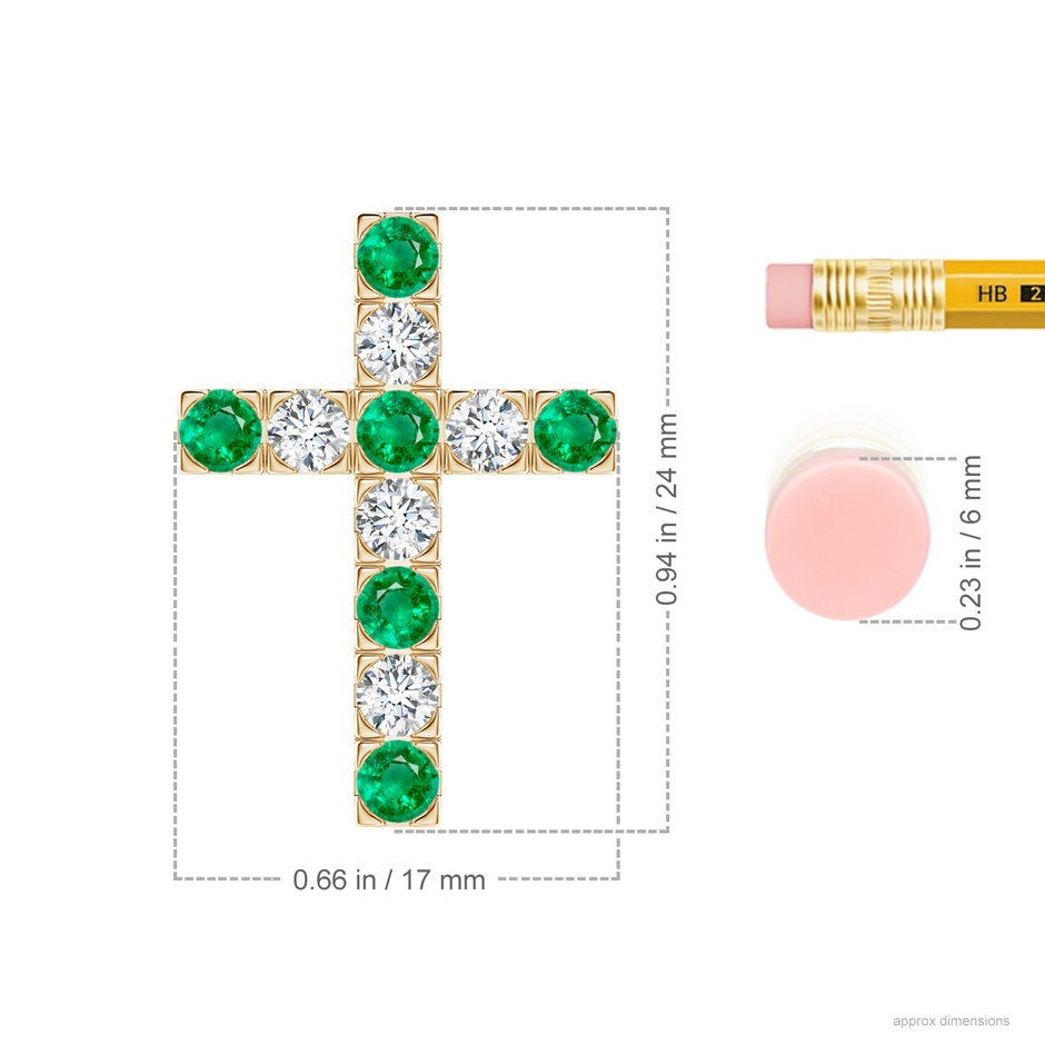 3mm AAA Flat Prong-Set Emerald and Diamond Cross Pendant in Yellow Gold ruler