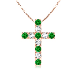 3mm AAAA Flat Prong-Set Emerald and Diamond Cross Pendant in Rose Gold