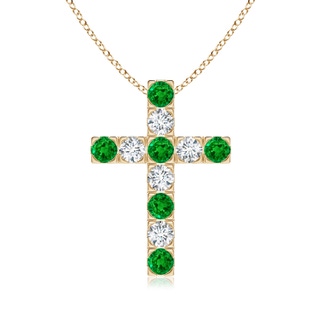 3mm AAAA Flat Prong-Set Emerald and Diamond Cross Pendant in Yellow Gold