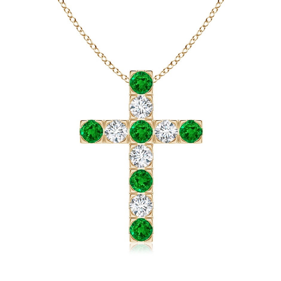 3mm AAAA Flat Prong-Set Emerald and Diamond Cross Pendant in Yellow Gold 