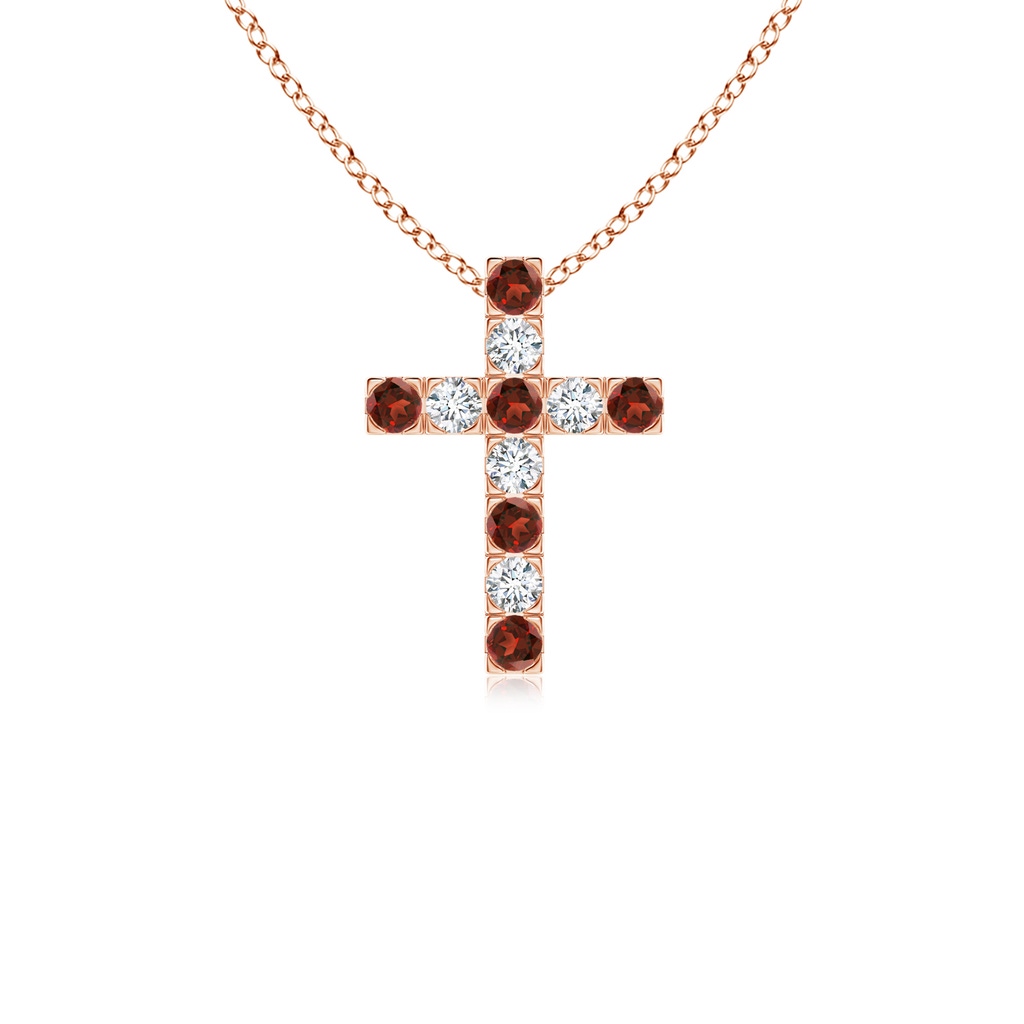 2mm AAAA Flat Prong-Set Garnet and Diamond Cross Pendant in Rose Gold