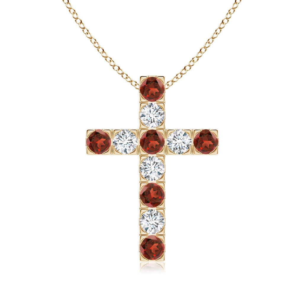 3mm AAA Flat Prong-Set Garnet and Diamond Cross Pendant in Yellow Gold