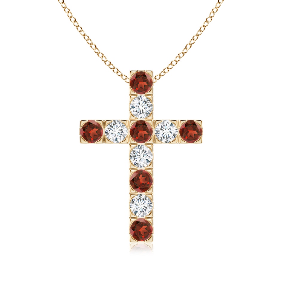 3mm AAA Flat Prong-Set Garnet and Diamond Cross Pendant in Yellow Gold 