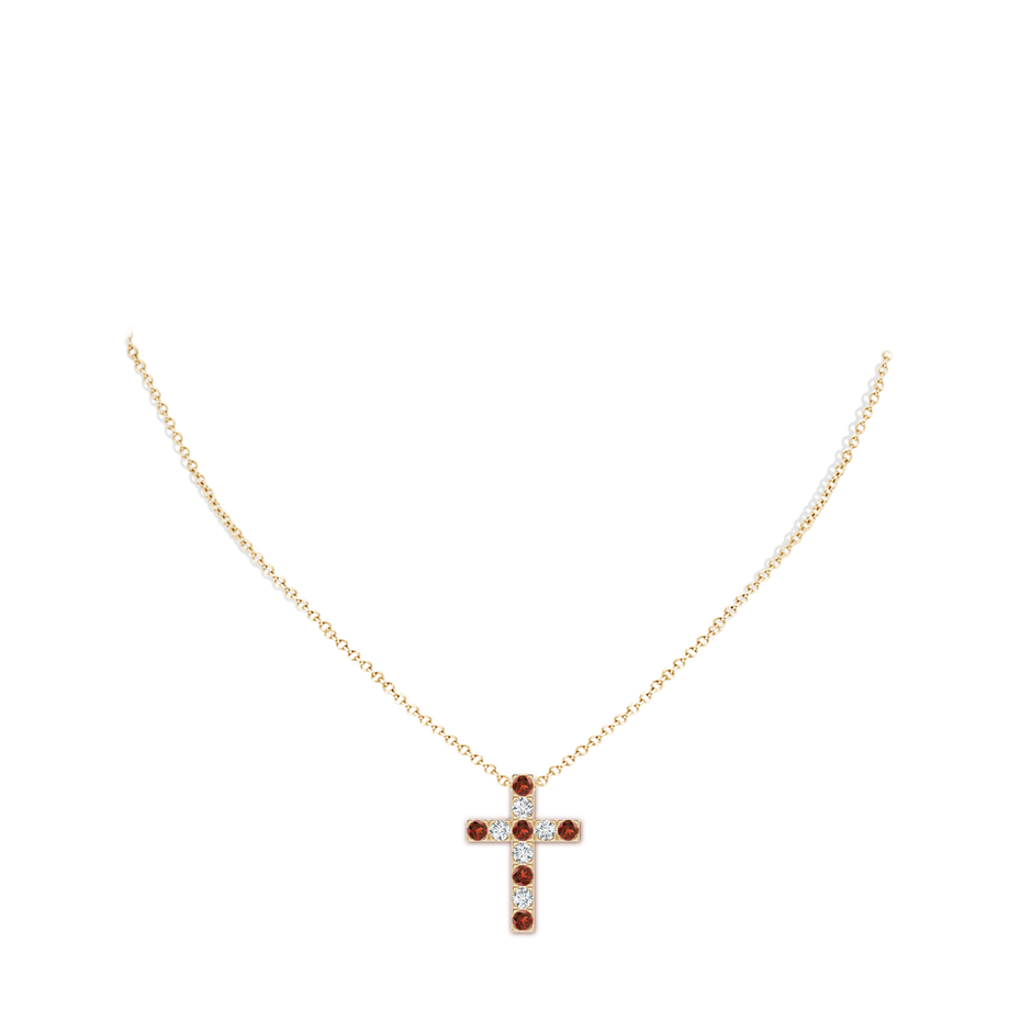 3mm AAA Flat Prong-Set Garnet and Diamond Cross Pendant in Yellow Gold body-neck