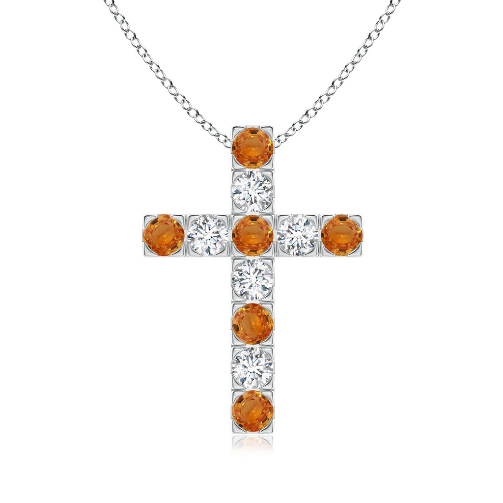 3mm AAA Flat Prong-Set Orange Sapphire and Diamond Cross Pendant in White Gold