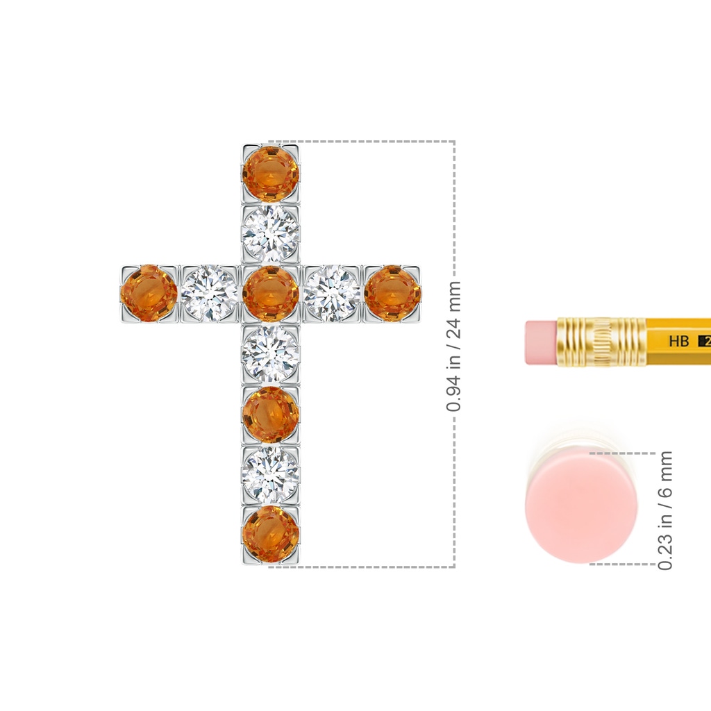 3mm AAA Flat Prong-Set Orange Sapphire and Diamond Cross Pendant in White Gold Ruler