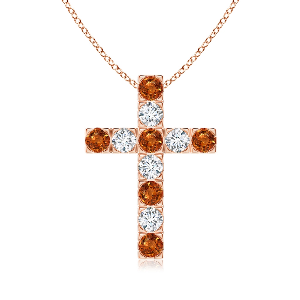 3mm AAAA Flat Prong-Set Orange Sapphire and Diamond Cross Pendant in Rose Gold