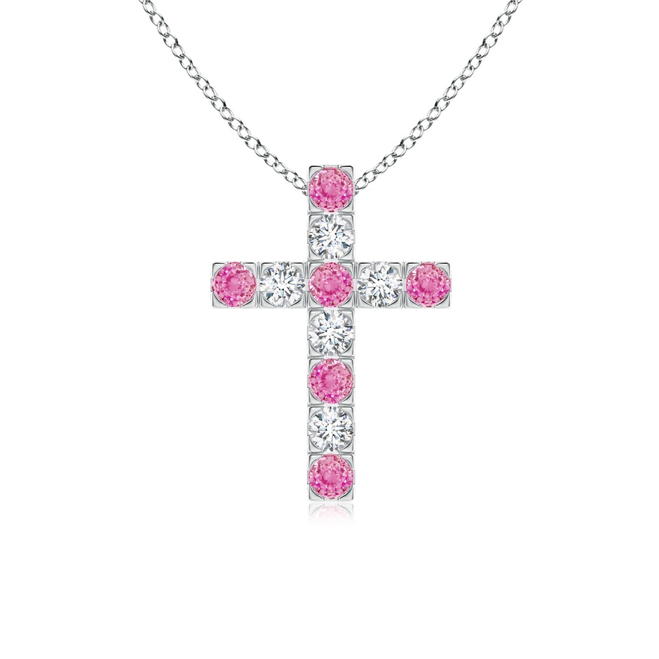 2.5mm AA Flat Prong-Set Pink Sapphire and Diamond Cross Pendant in White Gold 