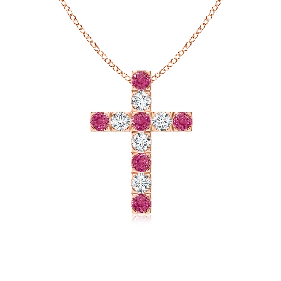 2.5mm AAAA Flat Prong-Set Pink Sapphire and Diamond Cross Pendant in Rose Gold 