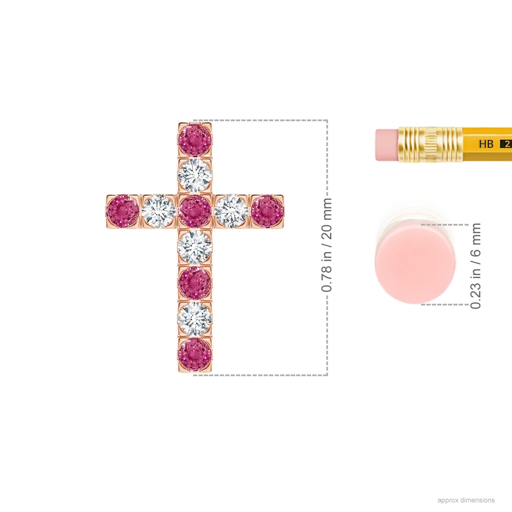2.5mm AAAA Flat Prong-Set Pink Sapphire and Diamond Cross Pendant in Rose Gold Ruler
