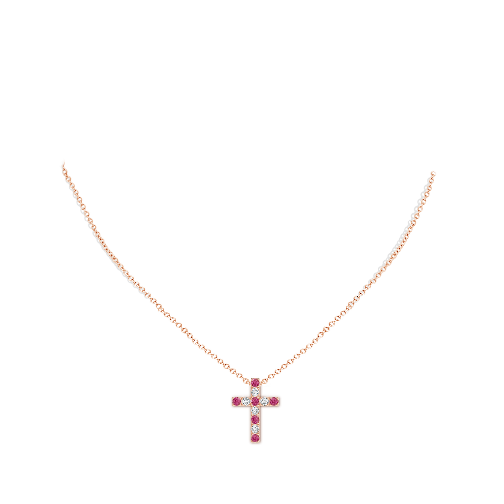 2.5mm AAAA Flat Prong-Set Pink Sapphire and Diamond Cross Pendant in Rose Gold Body-Neck
