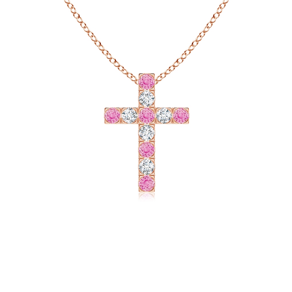 2mm A Flat Prong-Set Pink Sapphire and Diamond Cross Pendant in Rose Gold