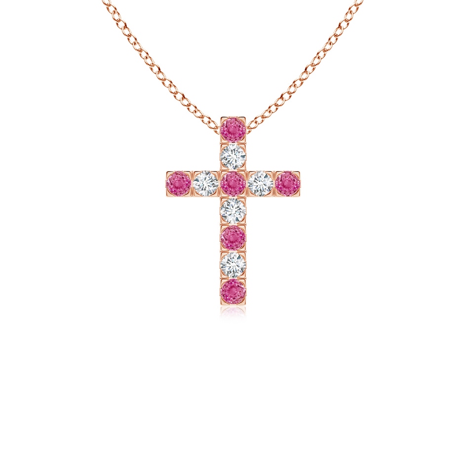 2mm AAA Flat Prong-Set Pink Sapphire and Diamond Cross Pendant in Rose Gold 