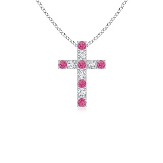 2mm AAA Flat Prong-Set Pink Sapphire and Diamond Cross Pendant in White Gold